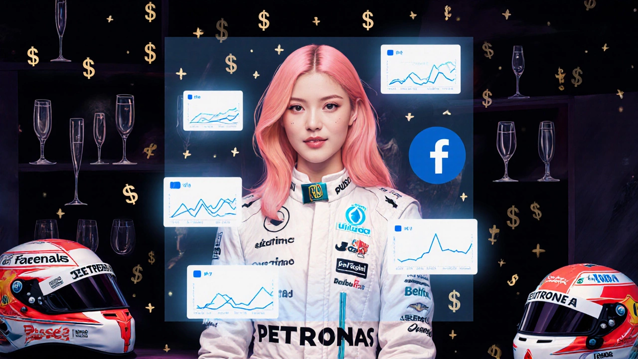 A model at a private party with floating social media metrics and sponsor logos surrounding her in a conceptual scene.