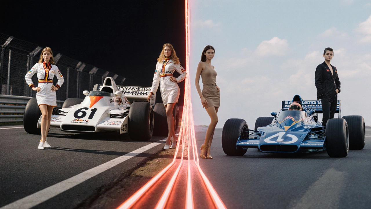 Split-image showing 1980s grid girls and modern models beside F1 cars, connected by fading neon lights.