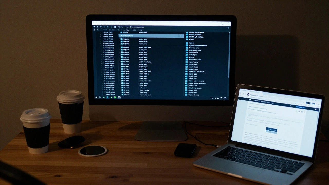 A computer screen displays misspelled escort search terms in a dark room, surrounded by coffee cups.