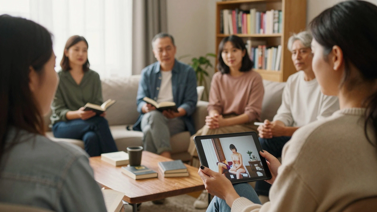 A group of adults in their 40s and 50s discussing sexuality in a cozy living room with natural light.