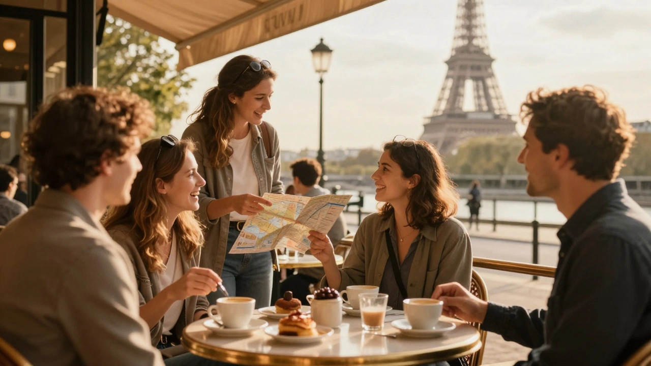 People laugh together at a Paris café terrace under golden afternoon light, Eiffel Tower visible in background.