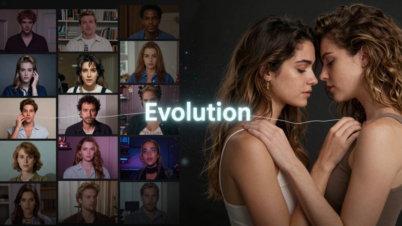 Split-screen showing outdated porn on the left and ethical, intimate content on the right, connected by a glowing thread.